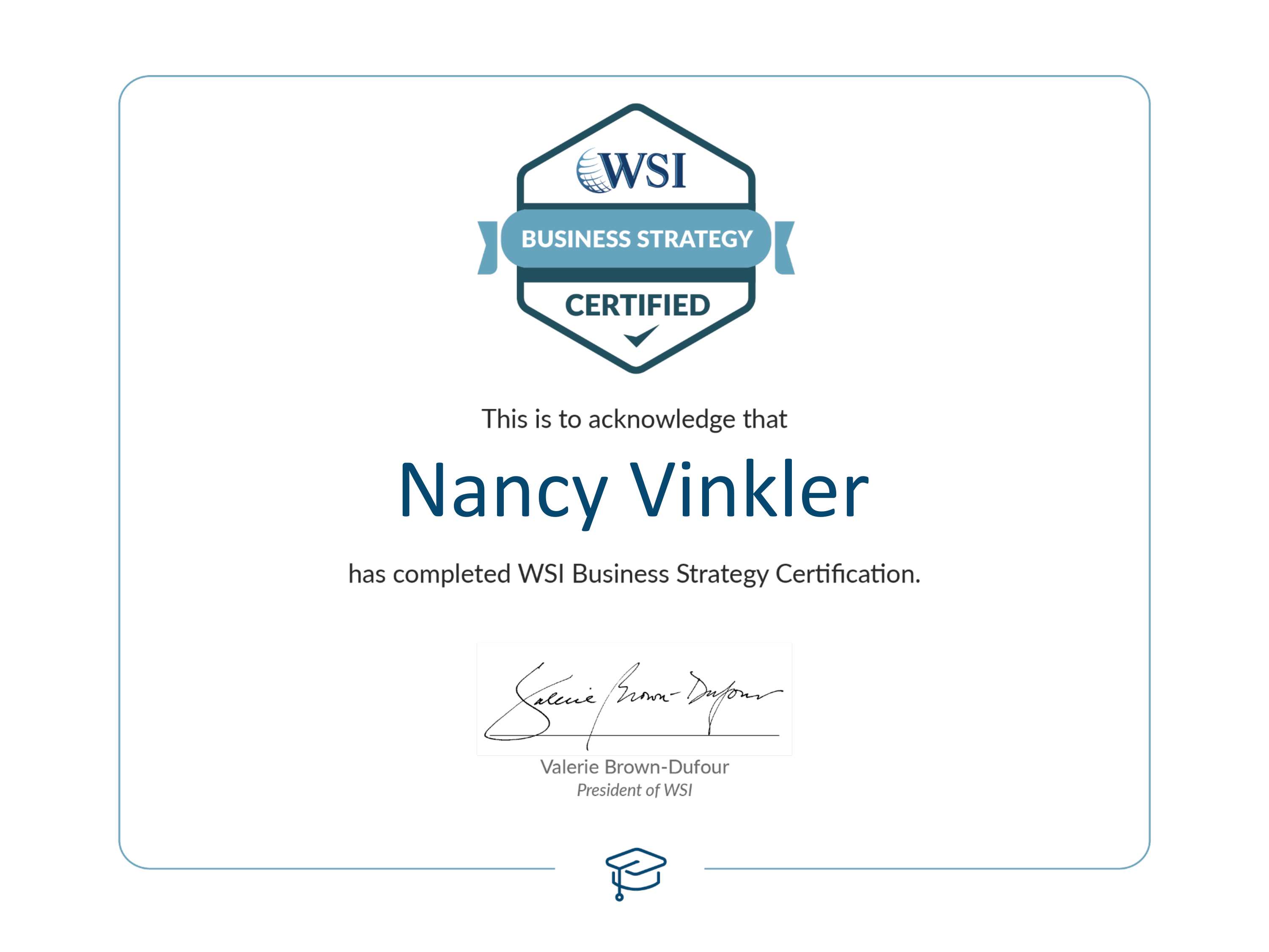 WSI AI-Business Strategy certification for Nancy Vinkler | VIEWS Digital Marketing